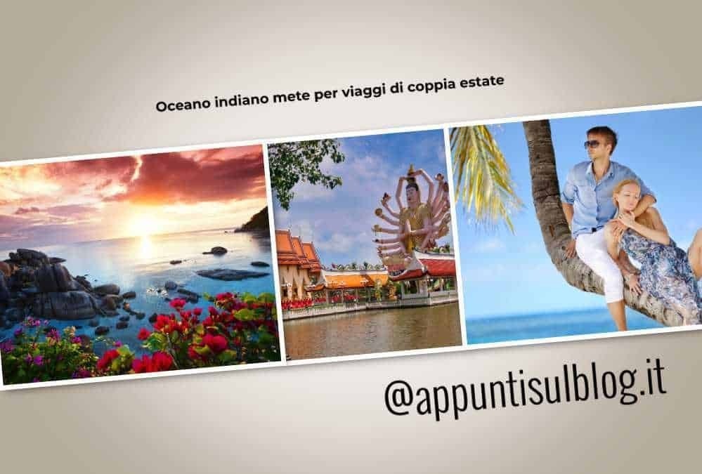 Spiaggia tropicale al tramonto con fiori colorati, statua indù e coppia che si rilassa su un albero di cocco, immagini di viaggi di coppia al mare e destinazioni esotiche per vacanze estive.