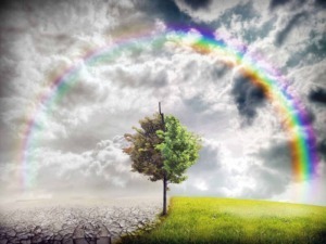 Arcobaleno tra cieli tempestosi e terreni aridi, simbolo di speranza, rinascita e equilibrio tra natura e cambiamenti climatici.