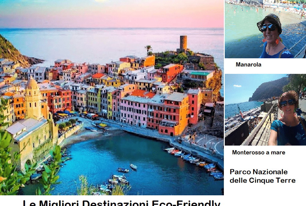 Colorato villaggio di Manarola, Cinque Terre, con case colorate affacciate sul mare, paesaggi marini e porto turistico, esempio di turismo sostenibile e destinazione eco-friendly in Italia.