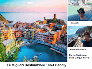 Colorato villaggio di Manarola, Cinque Terre, con case colorate affacciate sul mare, paesaggi marini e porto turistico, esempio di turismo sostenibile e destinazione eco-friendly in Italia.
