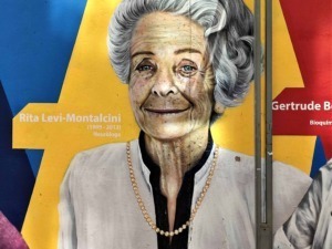 Ritratto mural di Rita Levi-Montalcini, neuroscienziata italiana, iconica figura della scienza e simbolo di innovazione e ricerca. Murale colorato con nome e date di nascita e morte.