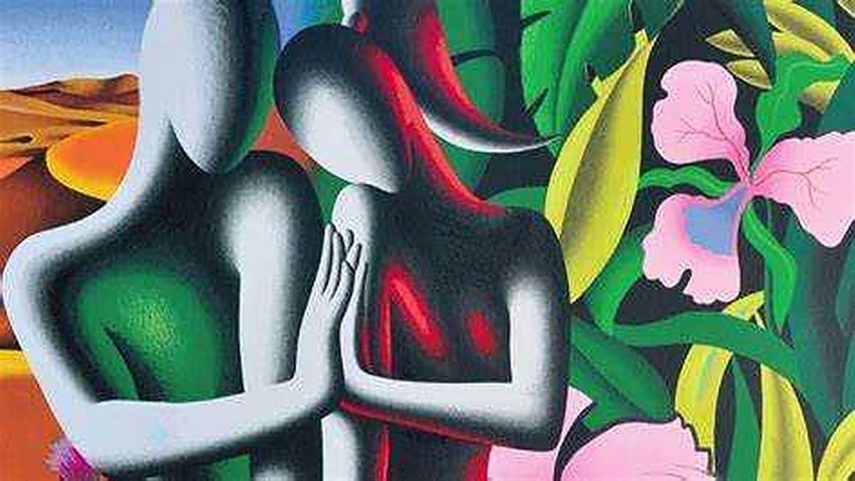 Figure di due persone astratte che si abbracciano, in un'illustrazione colorata e moderna, simbolo di connessione e affetto tra individui. Alta qualità artistica e uso di colori vivaci.