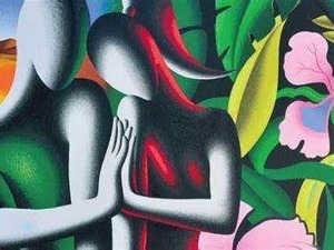 Figure di due persone astratte che si abbracciano, in un'illustrazione colorata e moderna, simbolo di connessione e affetto tra individui. Alta qualità artistica e uso di colori vivaci.