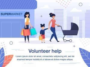 Volontariato aiuto comunitario persone con famiglia supermercato clienti donna con bambina in carrozzina superficie urbana skyline città, attività di volontariato e sostegno sociale.