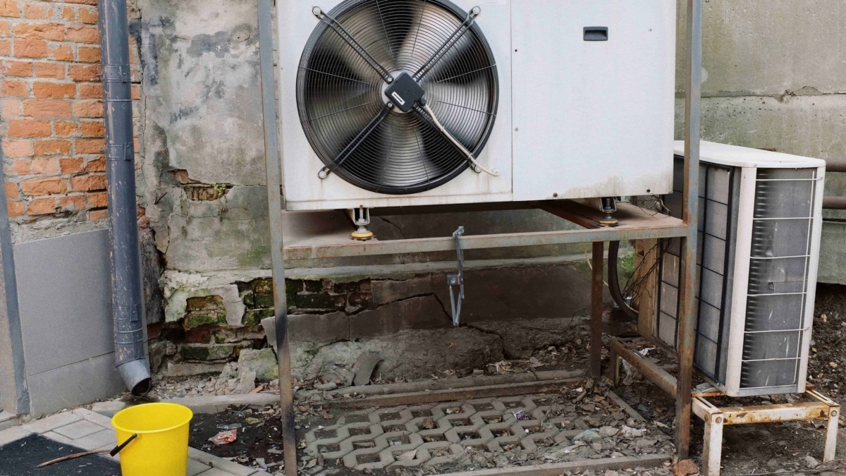Climatizzatore esterno su supporto metallico, installazione in ambiente urbano, con scatola di corrente e tubazioni.