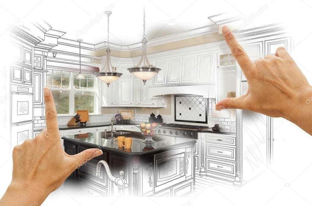 Elegante cucina con dettagli classici, schizzi di progettazione e mani che indicano le aree chiave, perfetta per ispirare ristrutturazioni e interior design.