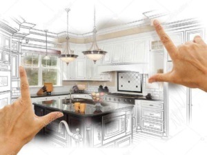 Elegante cucina con dettagli classici, schizzi di progettazione e mani che indicano le aree chiave, perfetta per ispirare ristrutturazioni e interior design.