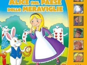 Alice nel paese delle meraviglie, libroIllustrato per bambini con personaggi colorati, sirene, carta da gioco e atmosfera fiabesca.