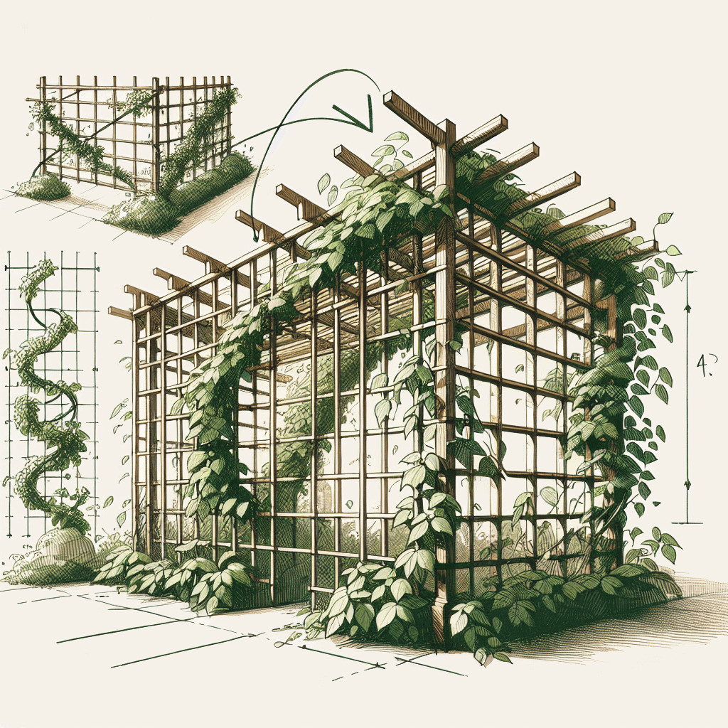 Viglio in legno con piante rampicanti, struttura di supporto per crescita vegetale, esempio di giardinaggio sostenibile e decorativo. Ideale per giardini e orti urbani, promuove biodiversità e estetica naturale.
