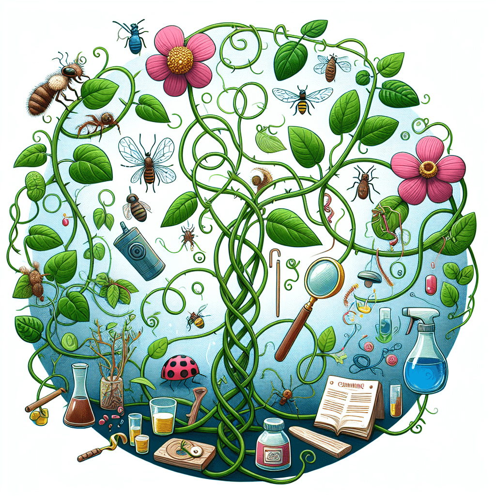 Piante di laboratorio con insetti, fiori e strumenti scientifici per esperimenti biologici e chimici, rappresentano ricerca e studio della natura e degli organismi viventi.
