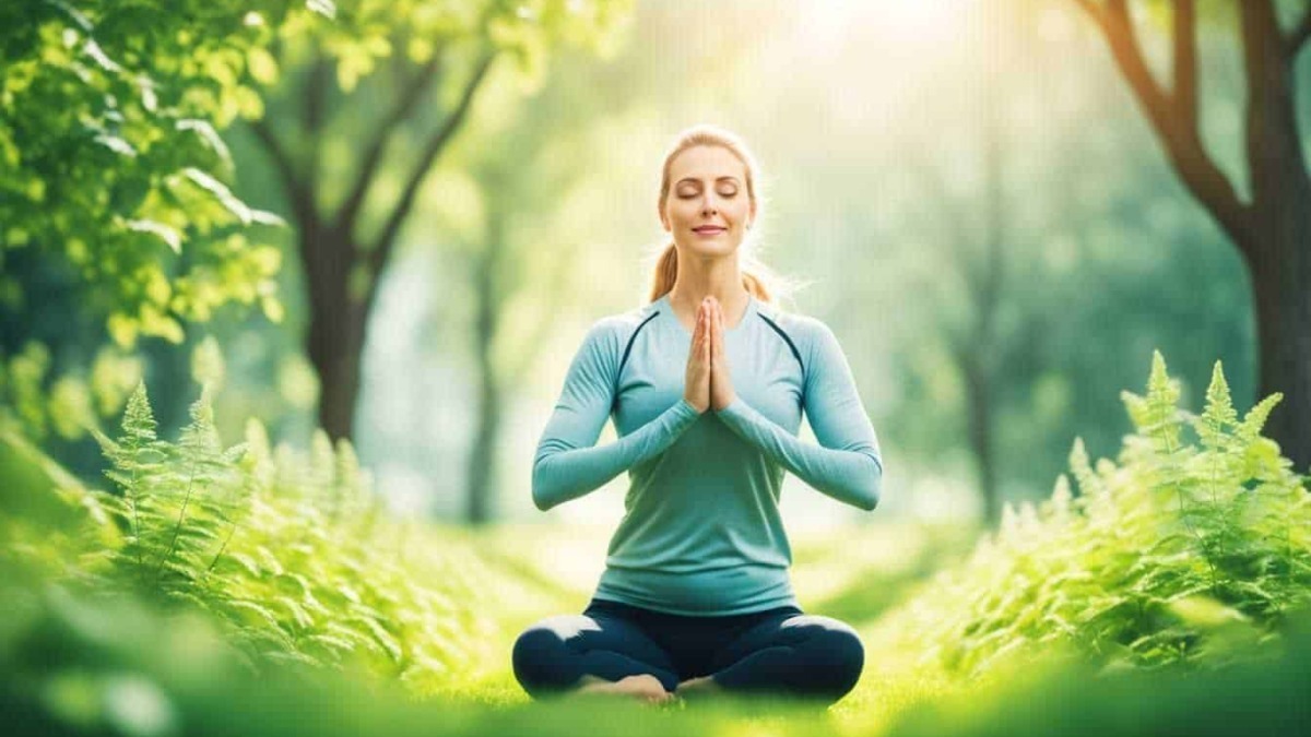 Meditazione in natura donna che medita all'aperto in un bosco verde foresta yoga benessere rilassamento equilibrio spirituale.