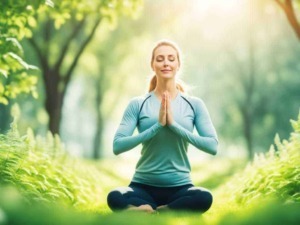Meditazione in natura donna che medita all'aperto in un bosco verde foresta yoga benessere rilassamento equilibrio spirituale.
