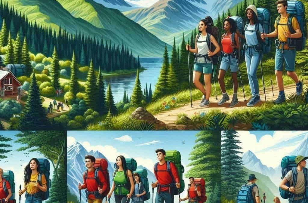 Escursionisti trekking in montagna con paesaggi naturali, laghi, e foreste, escursioni all'aperto, avventure in natura, camminare in montagna, con guide e zaini, ambiente naturale.