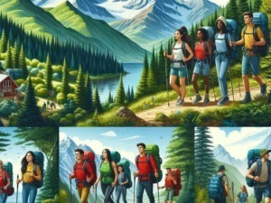Escursionisti trekking in montagna con paesaggi naturali, laghi, e foreste, escursioni all'aperto, avventure in natura, camminare in montagna, con guide e zaini, ambiente naturale.