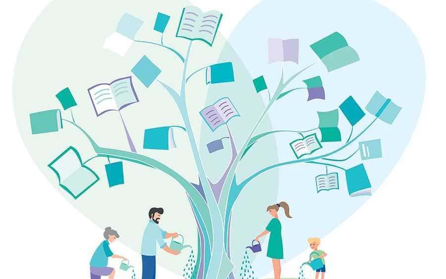 Libro aTree con persone che annaffiano la crescita di libri, simbolo di apprendimento e conoscenza, rappresenta l'importanza di leggere, studiare e condividere idee in modo sostenibile e condiviso.