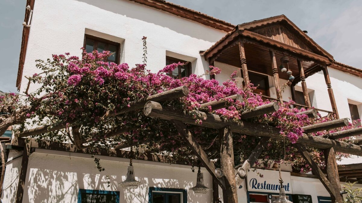 Finestra e balcone di un ristorante in stile rustico con legno naturale e fiori di bougainvillea rosa, atmosfera mediterranea e filming di cucina tradizionale italiani.