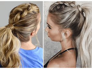 Coiffure con treccia laterale e coda bassa per capelli lunghi e mossi, stile naturale e trendy.