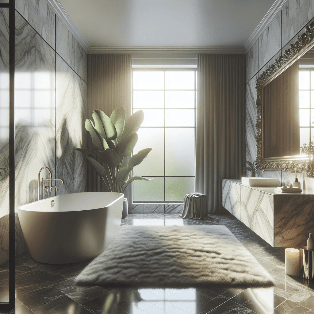 Luxury bathroom with freestanding bathtub and large mirror, modern marble decor, natural sunlight, elegant interior design, home spa setup, contemporary style, minimalistic bathroom decor, relaxing atmosphere, natural light, high-end fixtures, artisanal details.