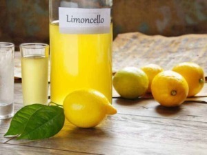Limone di limoncello e limoni freschi in bottiglia e bicchieri, preparazione tradizionale italiana di limoncello fatto in casa, limoncello artigianale con limoni bio.