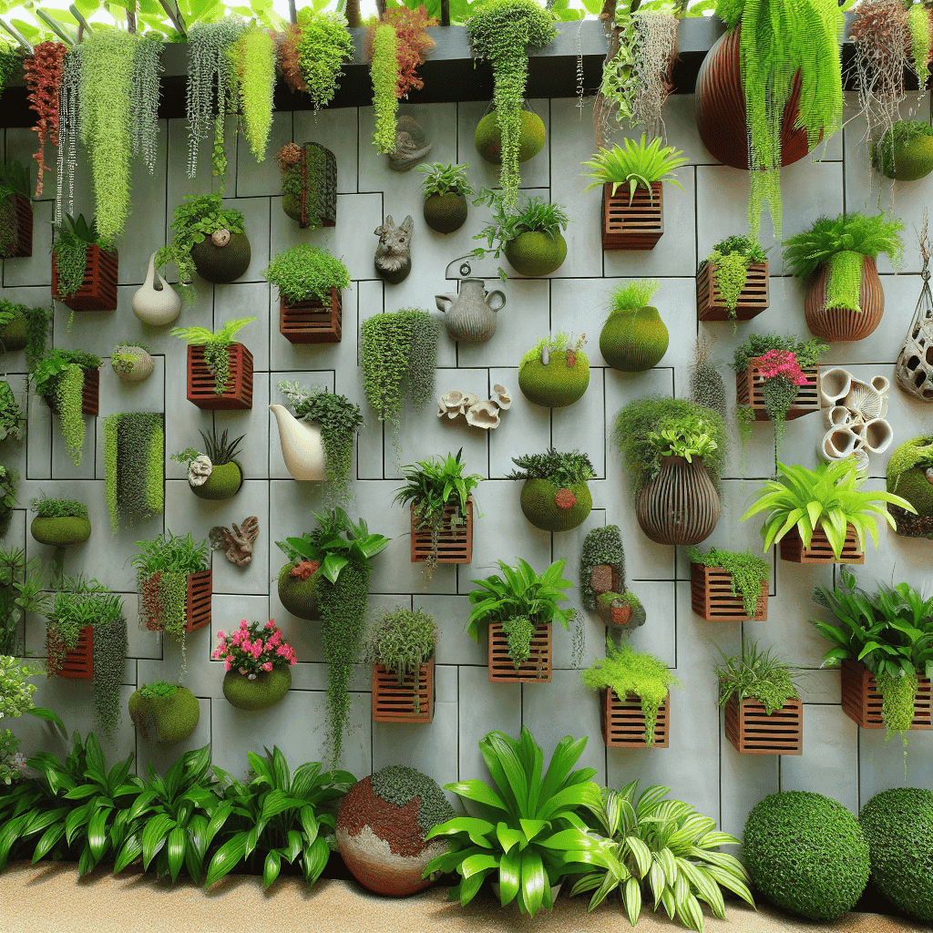 Vaso di piante verdi e fiorite in stile giardino verticale su parete moderna, decorazione botanica con diverse varietà di piante e layout armonioso, perfetta per ambienti naturali e di design.