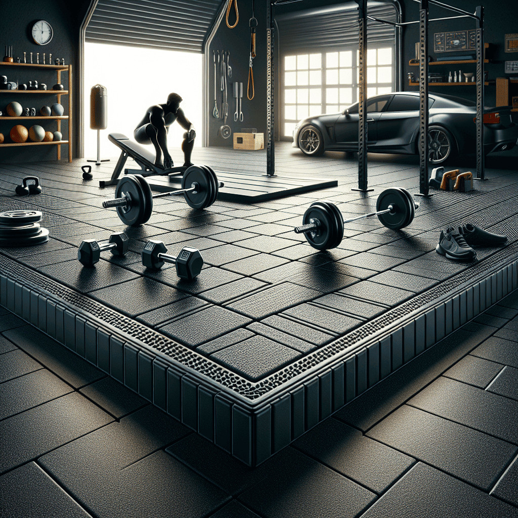 Alt text: Studio di allenamento con attrezzature per weightlifting, kettlebell e un'auto da corsa, ambiente moderno per fitness e potenziamento muscolare.