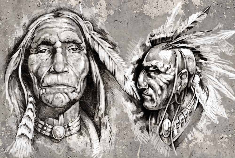 Vector portrait of two Native American chiefs with traditional feather headdresses in black and white, emphasizing their cultural heritage and history.