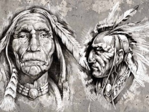 Vector portrait of two Native American chiefs with traditional feather headdresses in black and white, emphasizing their cultural heritage and history.
