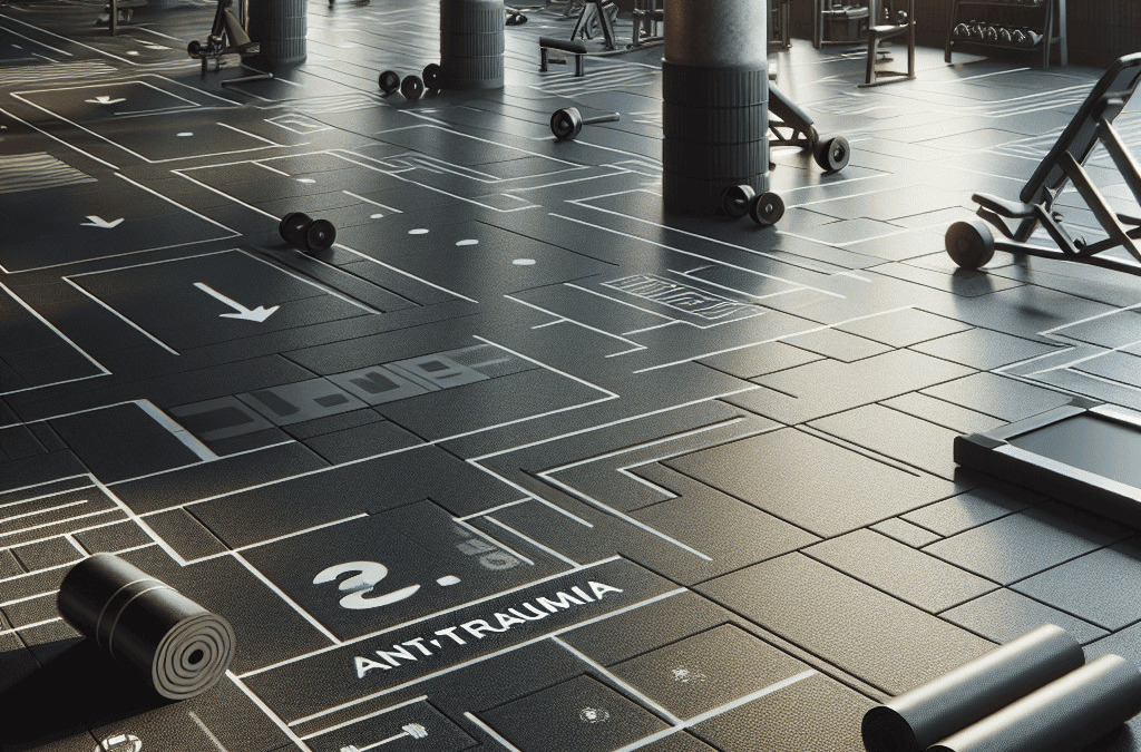 Pavimento palestra con attrezzi fitness e indicazioni di sicurezza per allenamento antitrauma genitori e sportivi.