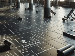 Pavimento palestra con attrezzi fitness e indicazioni di sicurezza per allenamento antitrauma genitori e sportivi.