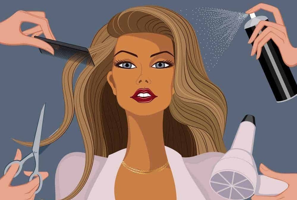 Capelli sani: Compila e acconcia i capelli di una donna con strumenti di hairstyling professionali, come phon, spray e forbici, in un set fotografico di bellezza e cura dei capelli.