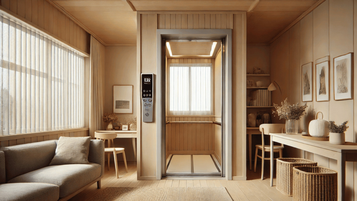 Elevatore in stile minimalista con interno in legno naturale, decorazioni di piante secche e arredi moderni in una casa accogliente dai toni neutri.