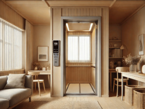 Elevatore in stile minimalista con interno in legno naturale, decorazioni di piante secche e arredi moderni in una casa accogliente dai toni neutri.