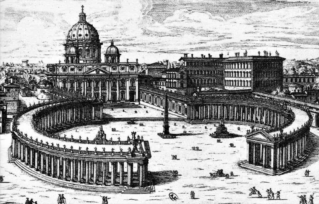 Basilica e la Piazza San Pietro a Roma rappresentati in un disegno d'epoca.