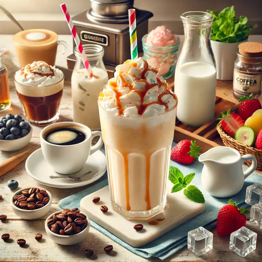 Dolce frappé con panna montata, caramello e decorazioni colorate, circondato da caffè, latte, fragole e ingredienti per dolci, ideale per una pausa golosa e rinfrescante.