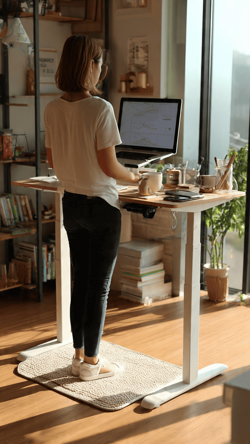 Vantaggi dell’utilizzo di una scrivania in piedi. Donna al lavoro su un laptop con grafici e note, in un ambiente domestico ben illuminato, con scaffali di libri e piante intorno, ideale per produttività e comfort.