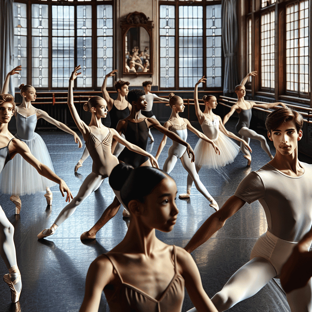 Ballerini professionisti in allenamento di danza classica in studio di balletto con grandi finestre e pareti in legno, praticando esercizi di stretching e postura.