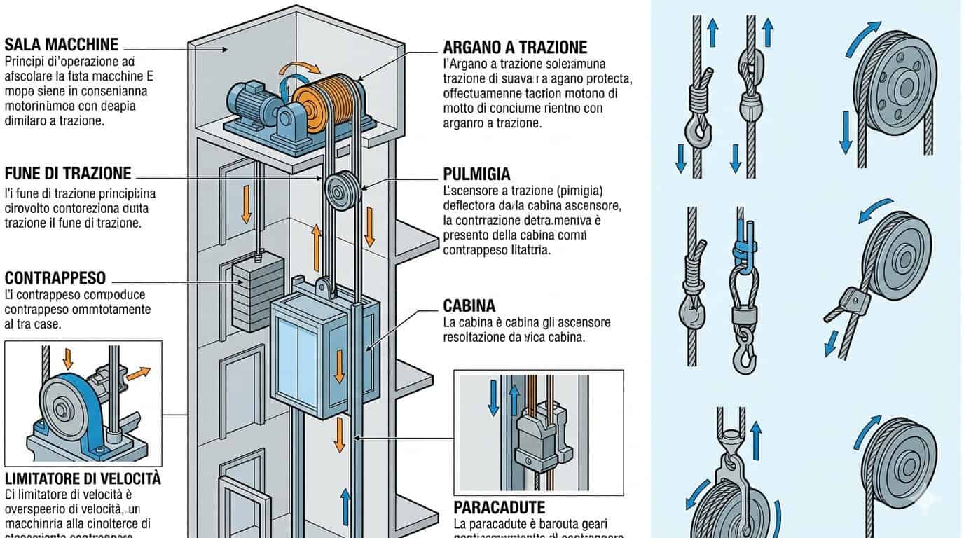 Immagine che illustra i componenti di un ascensore domestico, tra cui sala macchine, argano a trazione, funi, contrappeso e cabina, per garantire comfort e stile in casa.