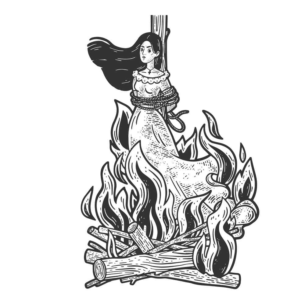 Capelli lunghi donna con mani e gambe legate a un palo e bruciata nel camino, illustrazione in stile tatuaggio, simbolo di violenza e oppressione femminile, illustrazione noir in bianco e nero.