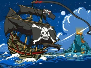 Galleggiante nave pirata con bandiera skull e ossa in acque tempestose, isola vulcanica sullo sfondo, stile cartoon, ideale per blog di avventure, storie di pirati e narrativa fantastica.