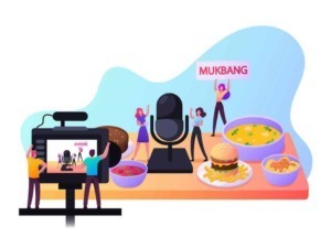 Incorporazione di cibo, microfono e smartphone per uno streaming di una sessione di mukbang con piatti di cibo gustosi e persone che partecipano.