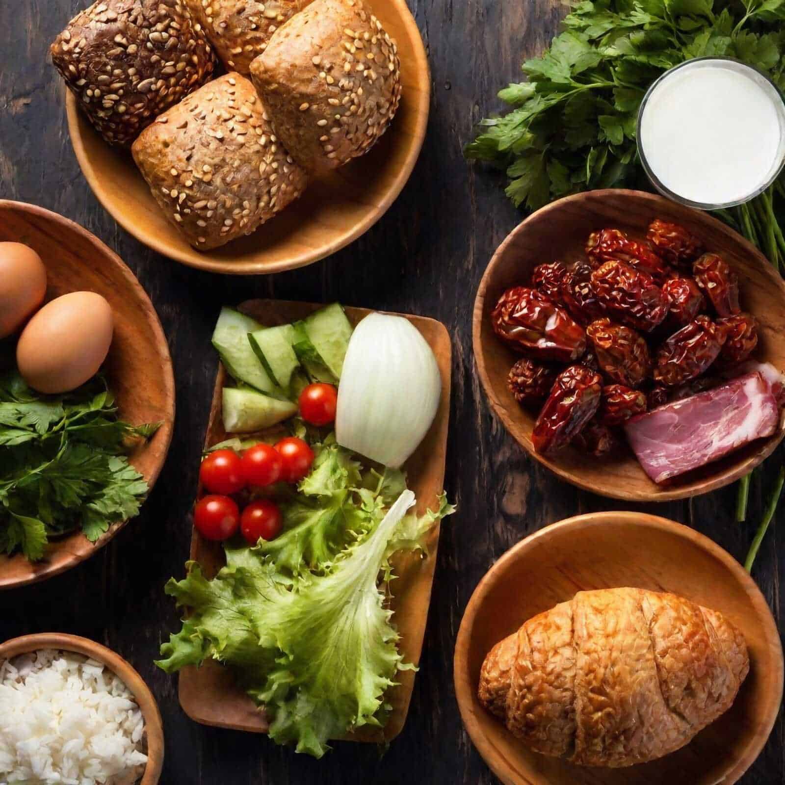 Pane integrale con semi, uova, pomodorini, insalata, datteri e bacon in ciotole di legno, con latte e erbe aromatiche, su tavola in stile rustico.