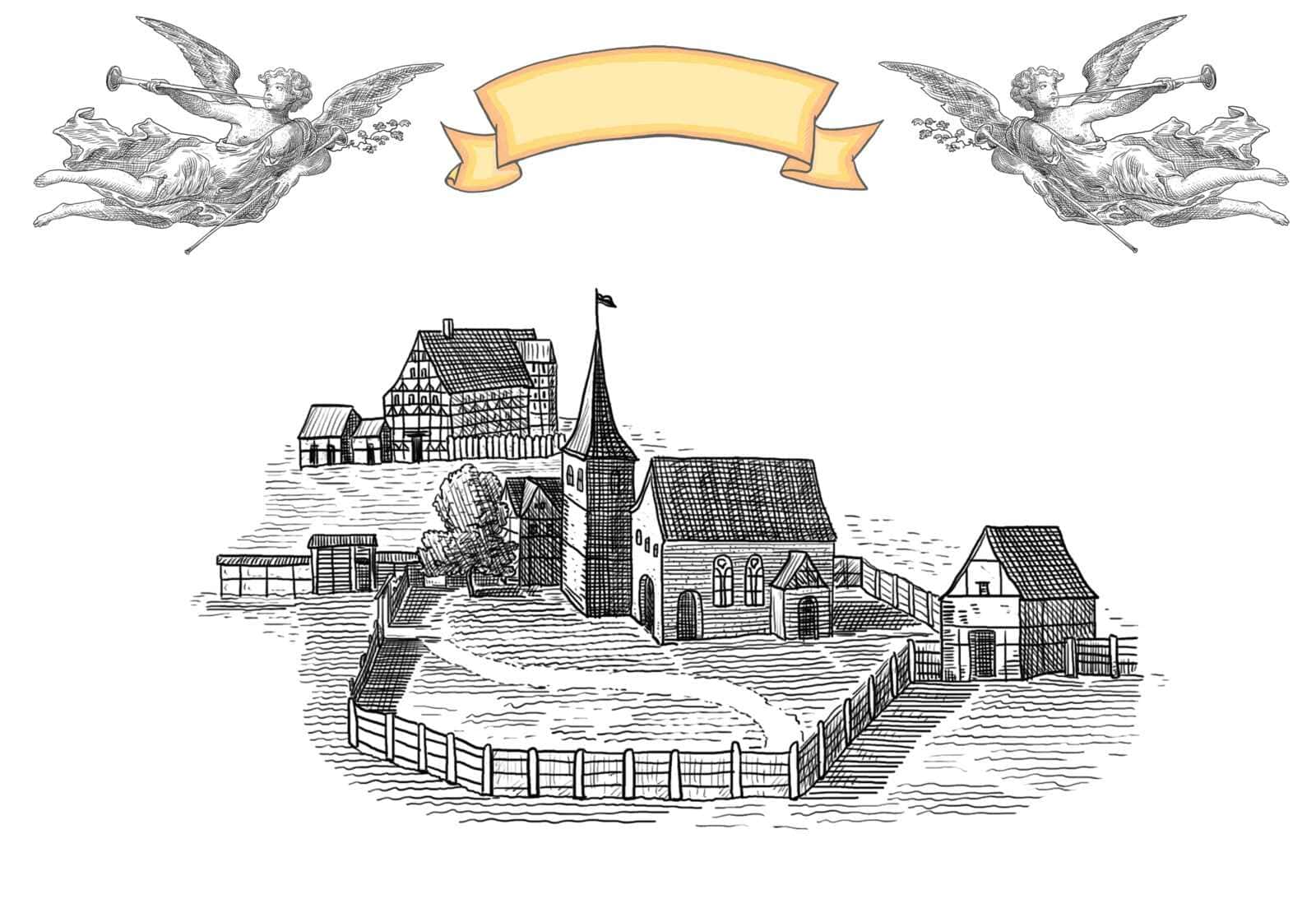 Vecchio disegno di un borgo con chiesa e case in stile line art, ideale per blog su architettura e storia locale.