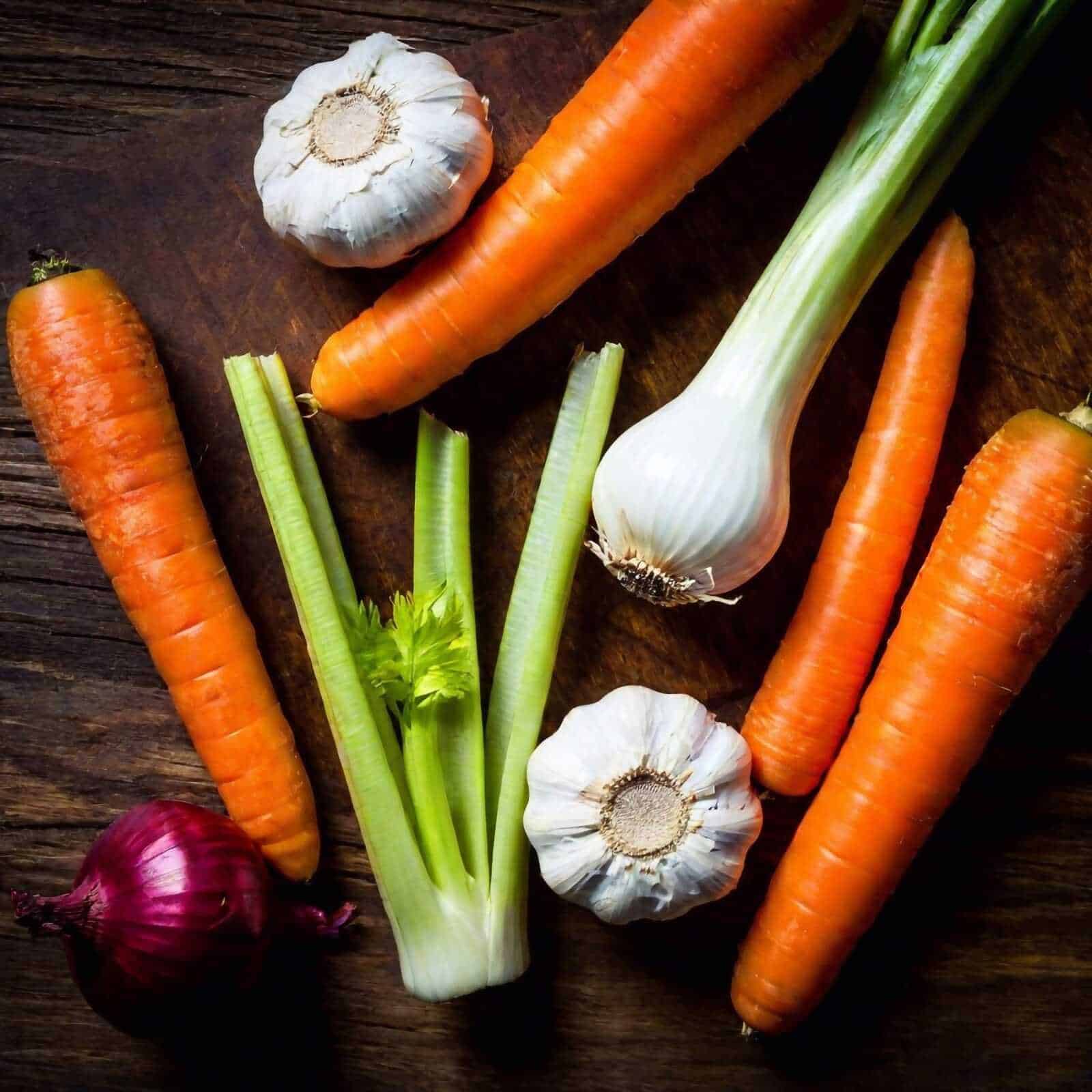 Carote, cipolle e aglio freschi su tavola di legno, ingredienti naturali per cucina salutare e ricette homemade. Vegetali di stagione con colori vivaci e nutrienti.