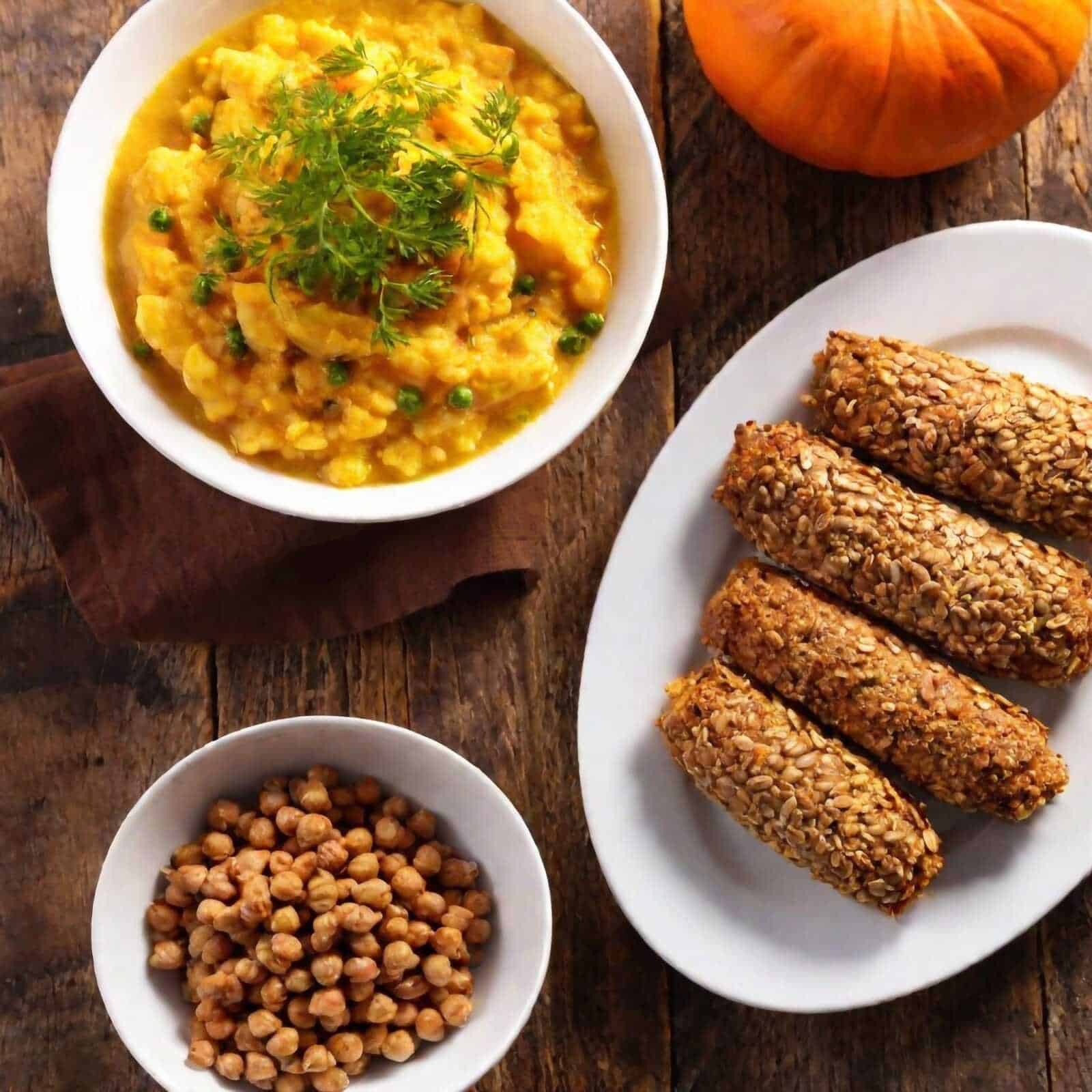 Ricetta di legumi e verdure, con frappé di ceci, frittelle di ceci e verdure, e zucca decorativa, ideale per piatti vegetariani ricchi di proteine e gusto tradizionale.