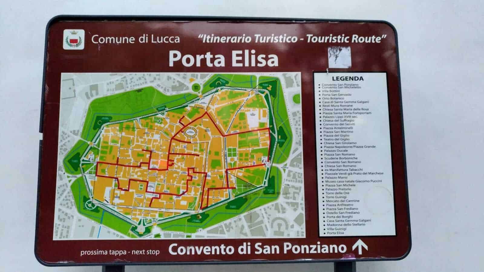 Itinerario turistico Lucca, mappa con punti di interesse storico e culturale del centro storico. Segnala porte, chiese, piazze e monumenti principali della città toscana.