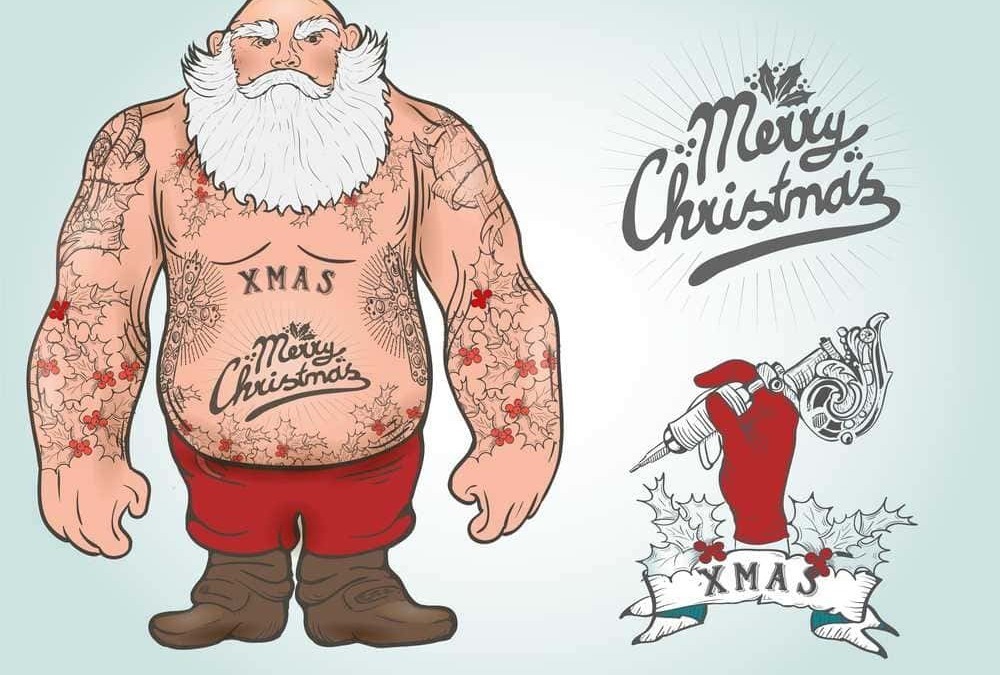 Tattoo di Babbo Natale con scritte natalizie, disegno artistico e originale, perfetto per decorazioni di Natale e idea regalo, con elementi festivi e messaggi di Buon Natale.