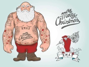 Tattoo di Babbo Natale con scritte natalizie, disegno artistico e originale, perfetto per decorazioni di Natale e idea regalo, con elementi festivi e messaggi di Buon Natale.