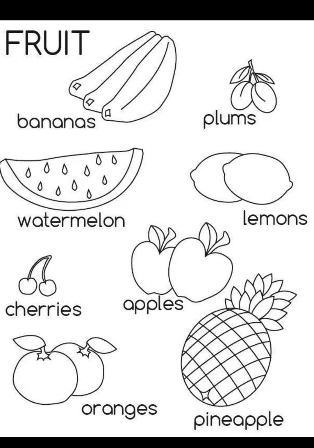 Banane, albicocche, arance, fichi, ciliegie, spinaci, frutta fresca, esempio di frutta per bambini, disegno di frutta stilizzata, educazione alimentare, alimentazione sana.