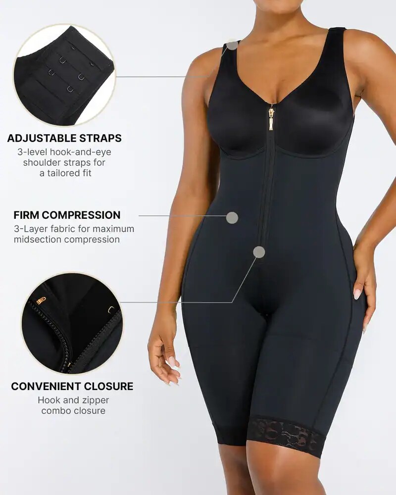 Zip body shaper con cerniere e bande regolabili per una vestibilità personalizzata, tessuto a tre strati per una compressione efficace, chiusura con gancio e zip per facilità di indossaggio.
