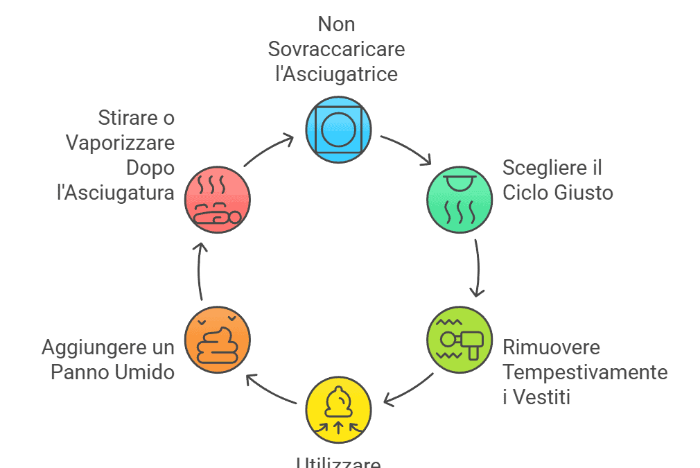 Pannello guida ciclo di prevenzione delle pieghe in asciugatrice, illustrato con istruzioni per evitare sovraccarico, scegliere il ciclo giusto, rimuovere i vestiti.